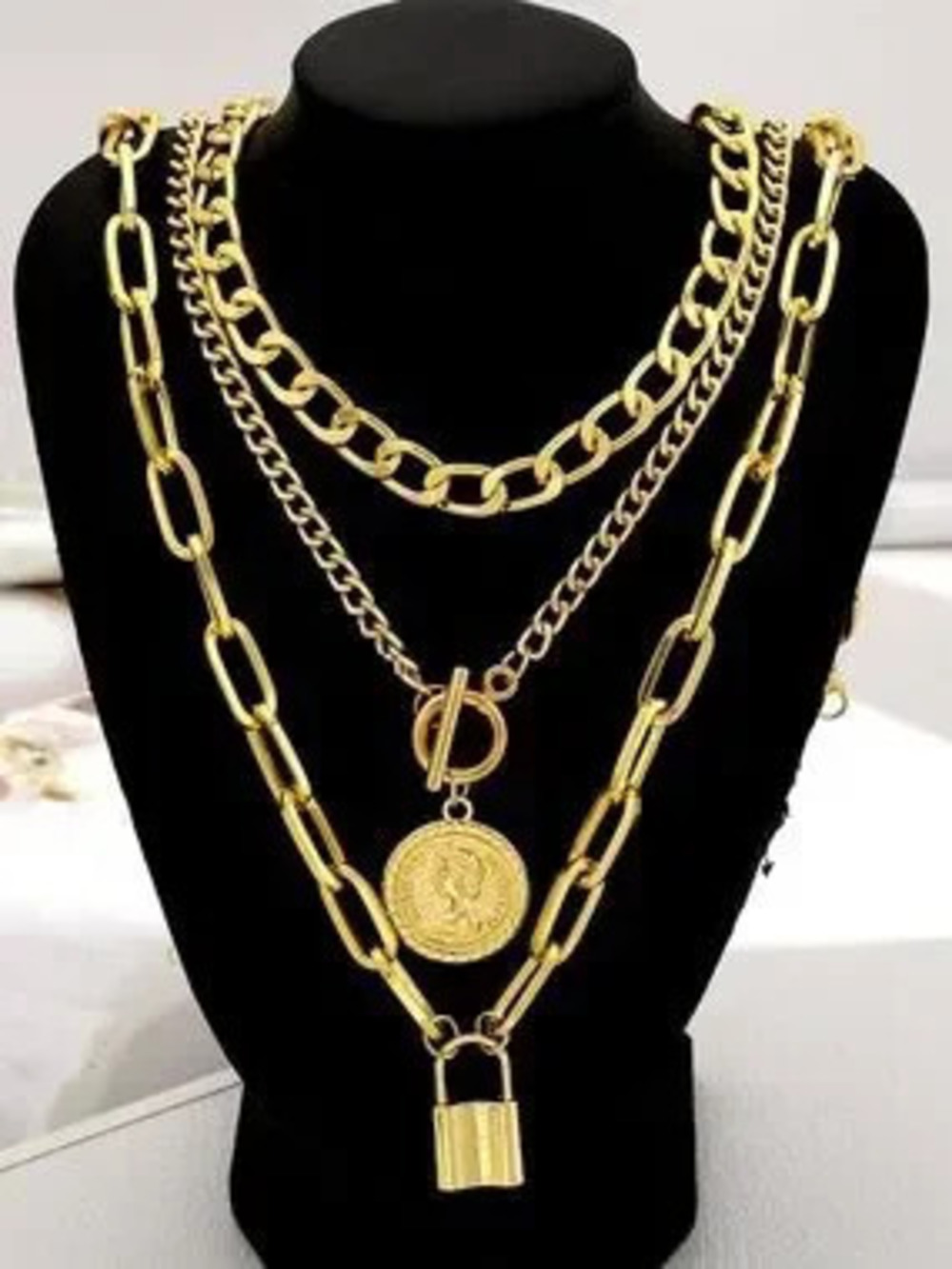 Golden Layered Coin & Padlock Necklace Set - Picture 2 of 5
